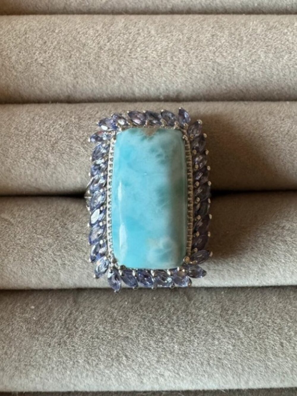 D'Joy 925 Sterling Silver Natural Larimar Tanzanite Statement Ring 20.80 ctw Sz